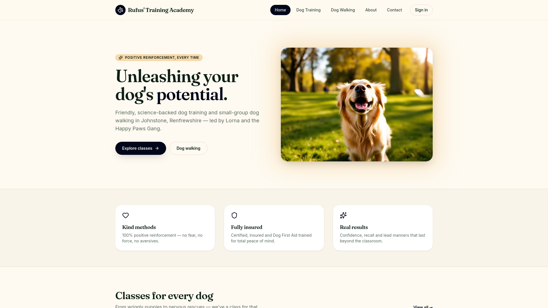 Preview of the Rufus' Training Academy website.