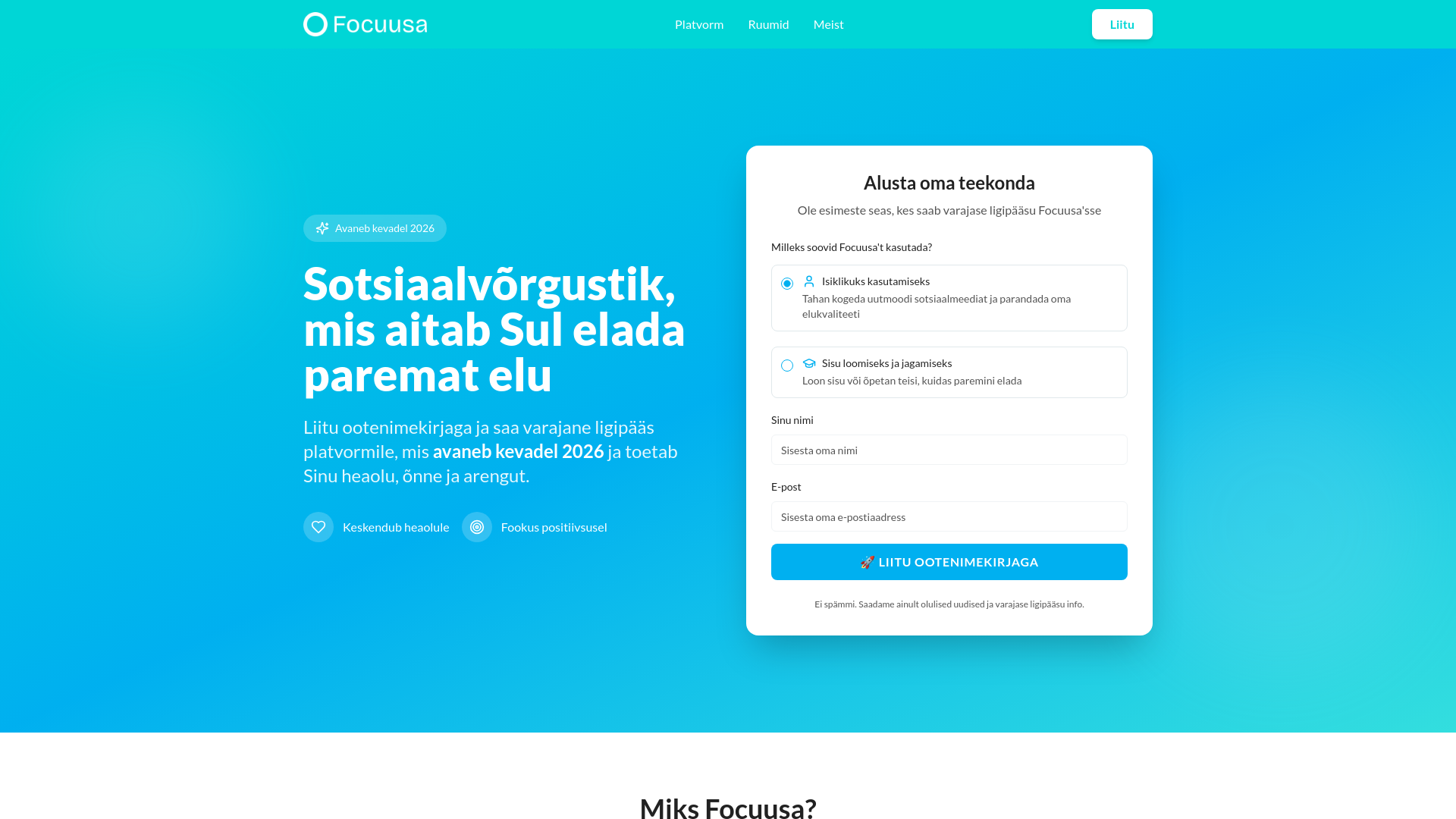 Focuusa – Sotsiaalvõrgustik Elukvaliteedi Tõstmiseks