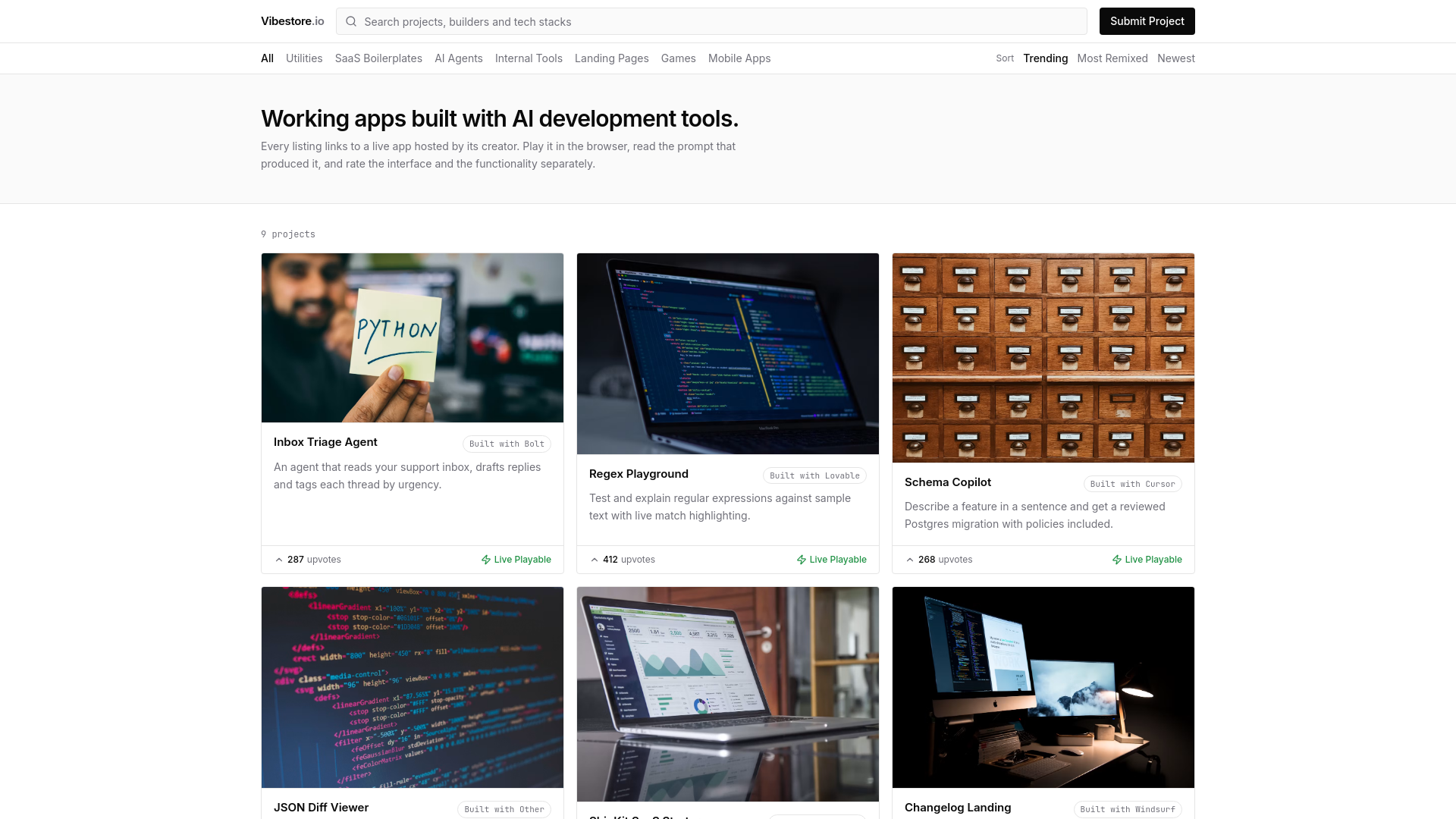 Screenshot of Vibestore.io — Directory of apps built with AI dev tools