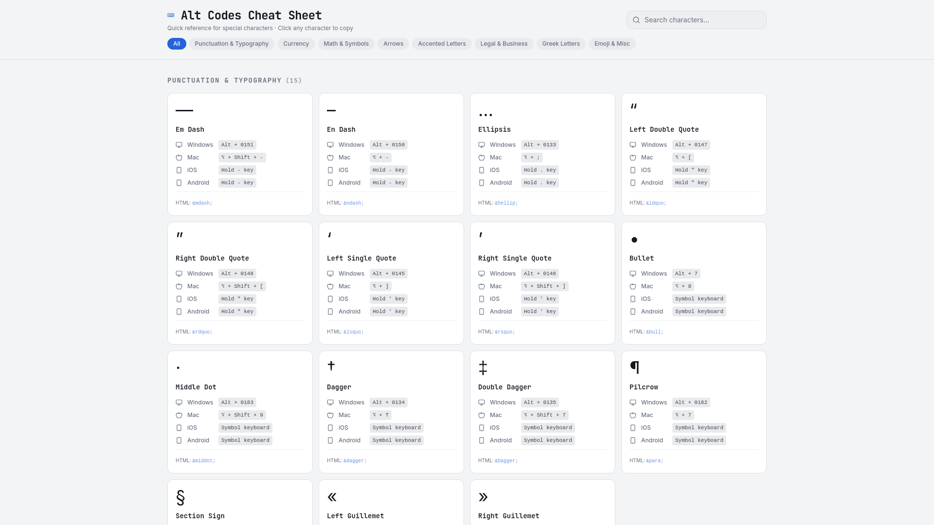Alt Codes Cheat Sheet – Windows, Mac, iOS & Android