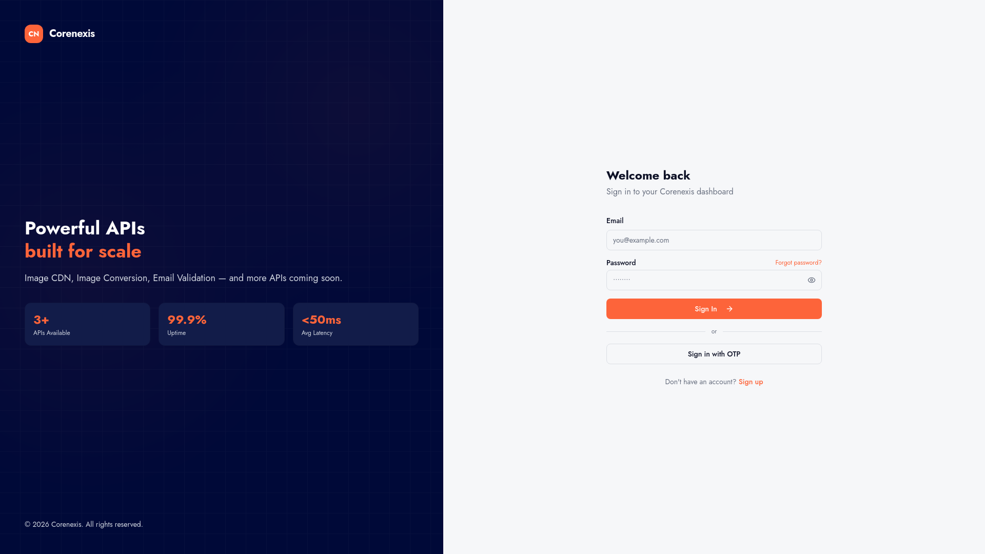 Corenexis — API Platform Dashboard