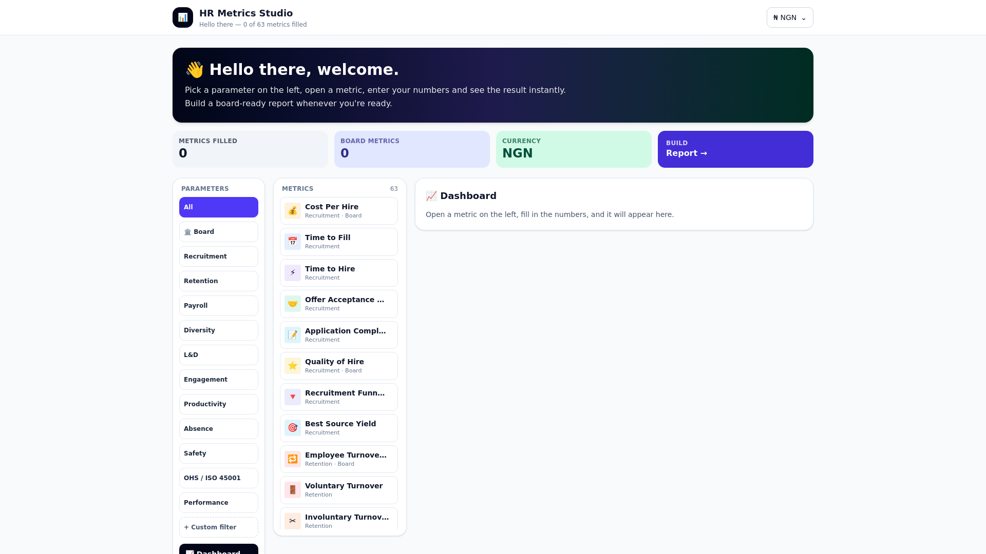 HR Metrics Studio dashboard showing metric cards, charts and a board report preview