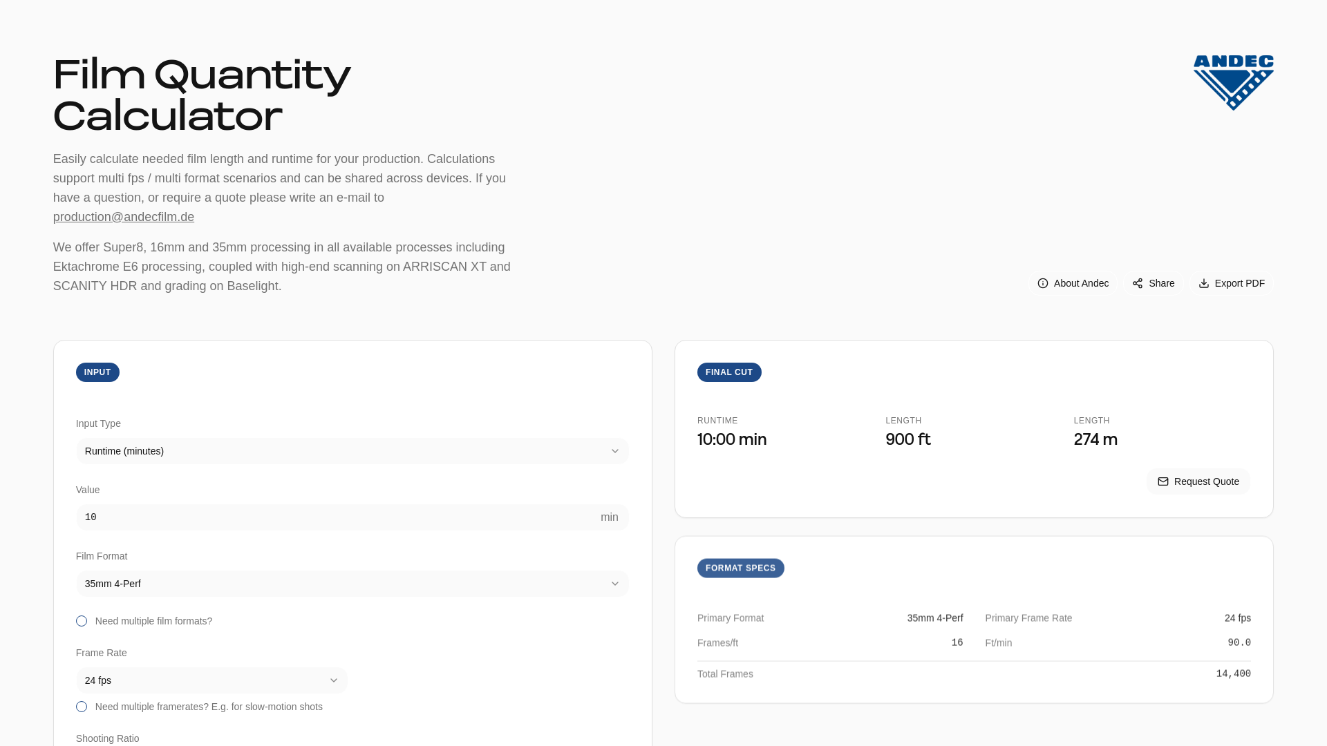 Film Quantity Calculator | Motion Picture Calculator