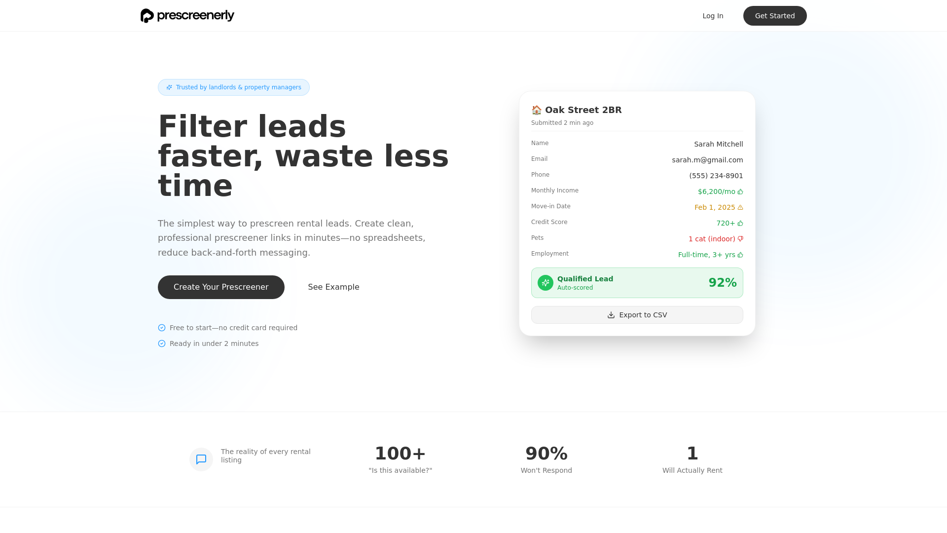 Prescreenerly - Simple Tenant Pre-Screening for Landlords — Fast, simple tenant pre-screening for self-managing landlords. Create questionnaires, collect responses, and schedule property tours in minutes.