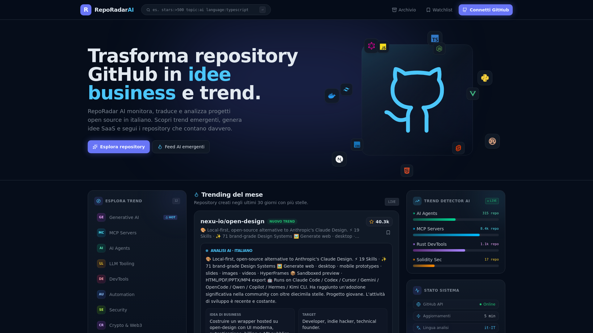 RepoRadar AI — Dashboard repository GitHub trending