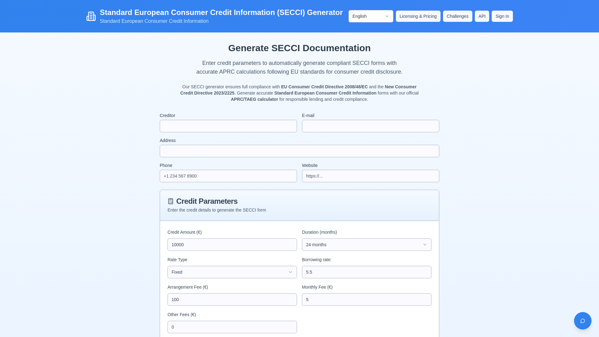 SECCI Generator | EU APRC Calculator