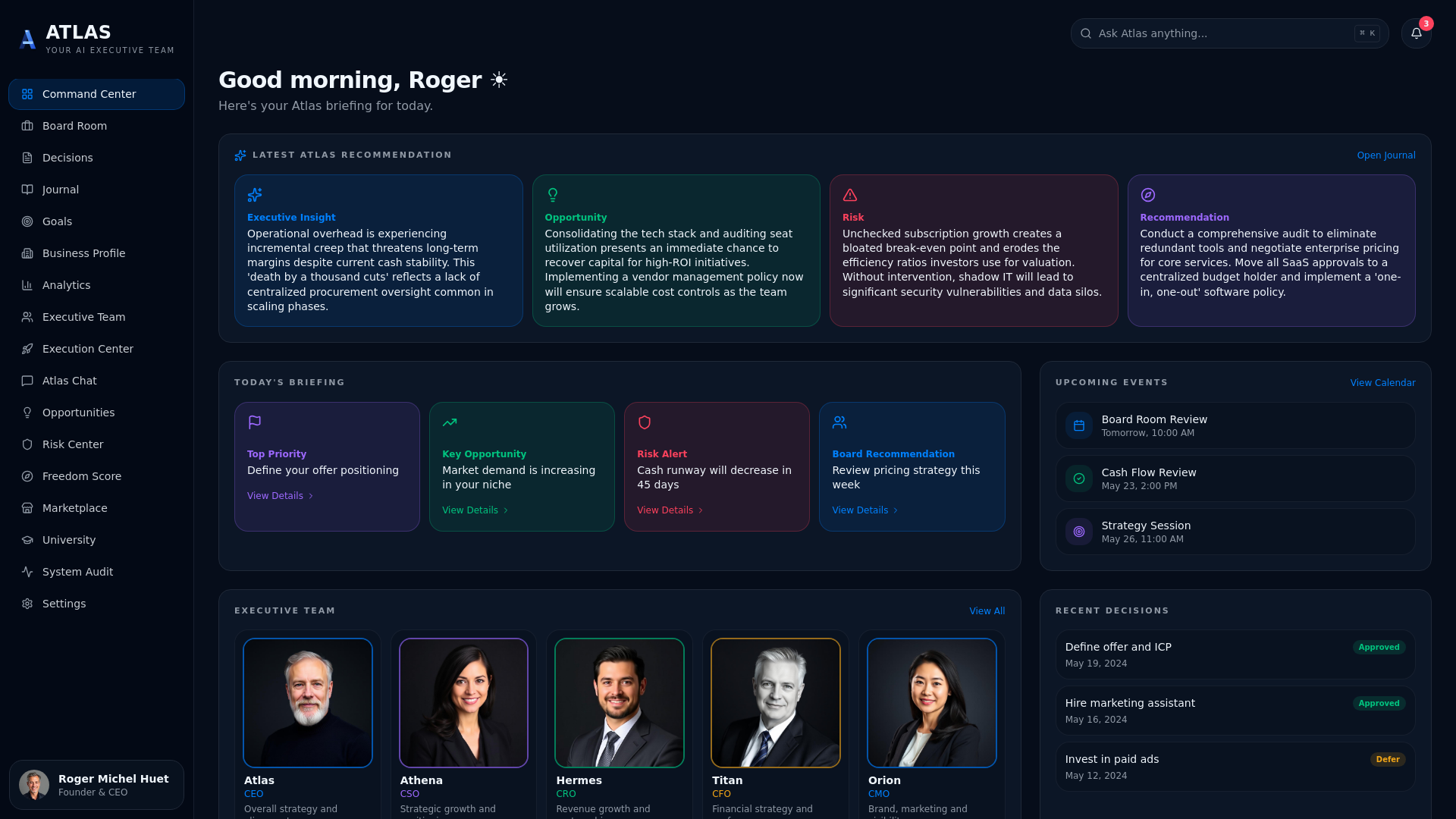 Screenshot of Vault Executive, A virtual C-suite of nine AI executives for small business owners