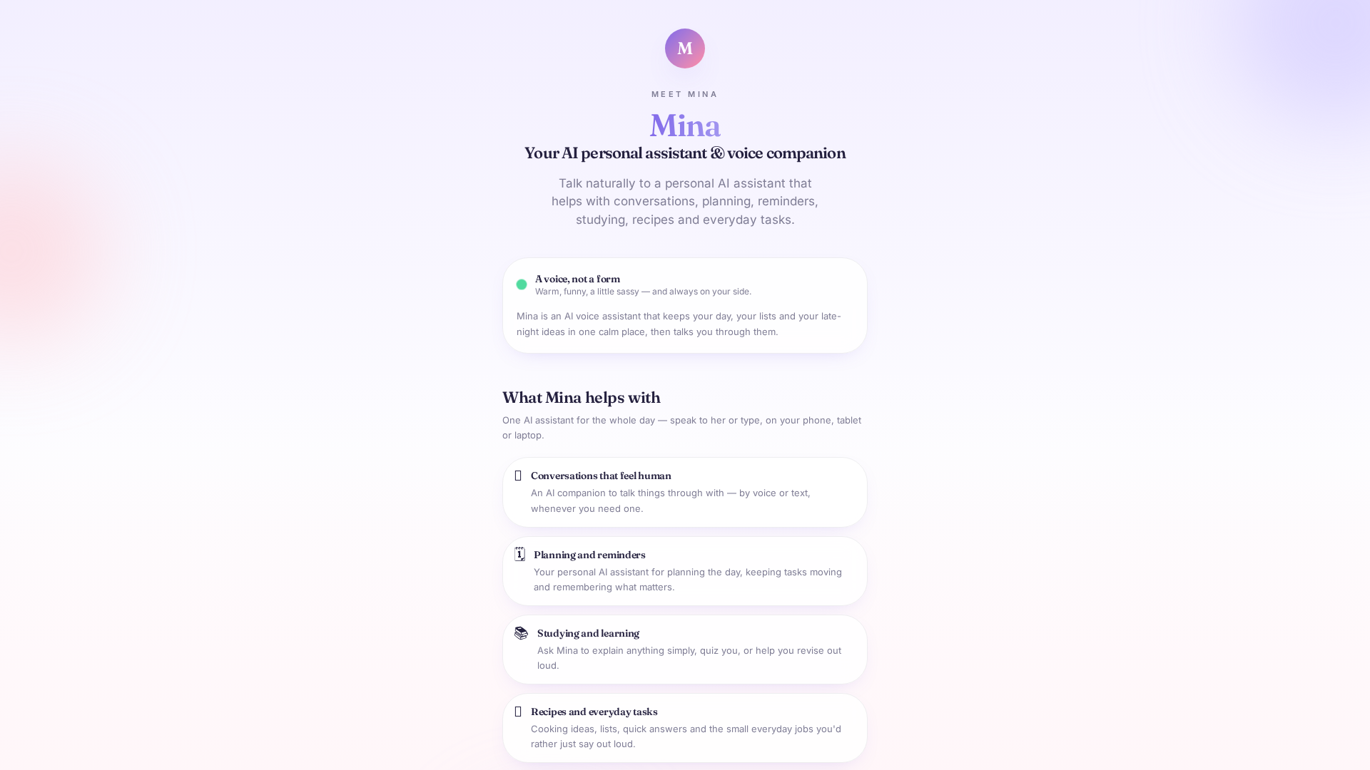 Mina AI product website preview
