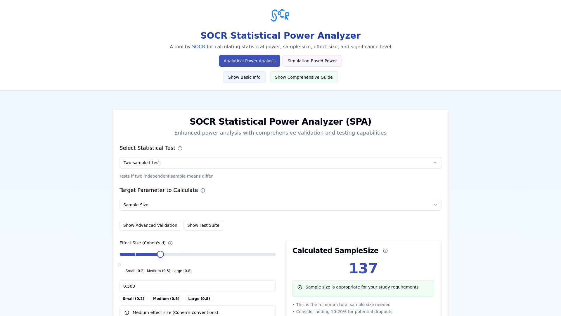 SOCR Statistical Power Analyzer — Sample Size & Power Calculator