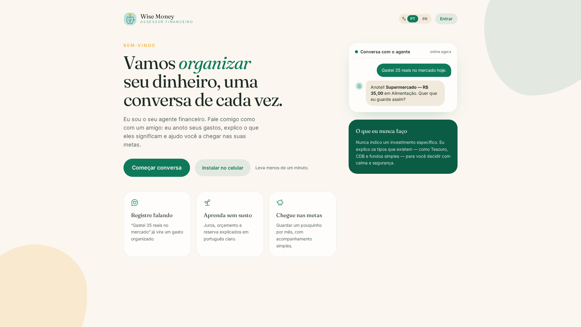 Interface do Wise Money, assistente financeiro conversacional