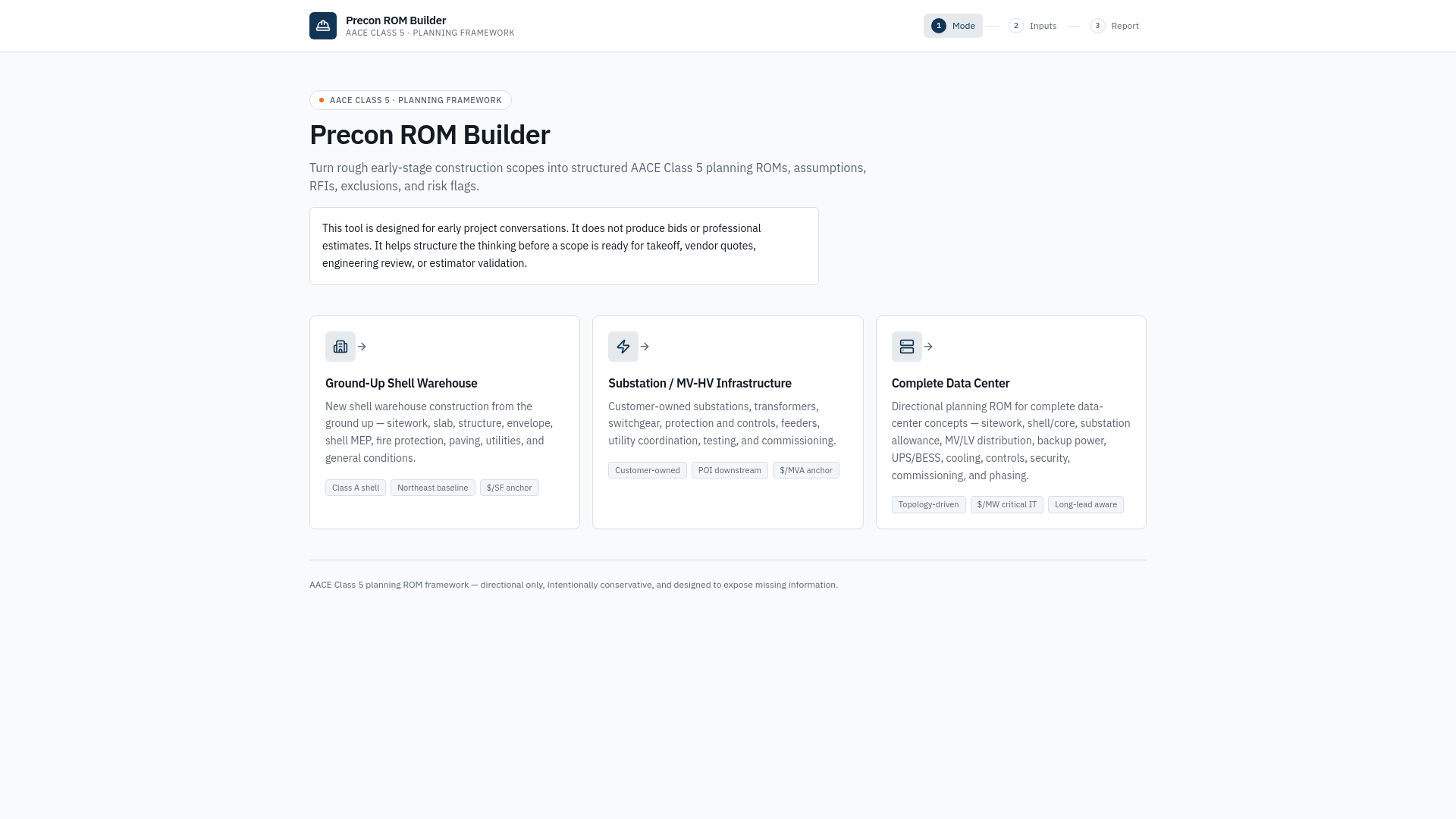 Precon ROM Builder — AACE Class 5 Planning Framework