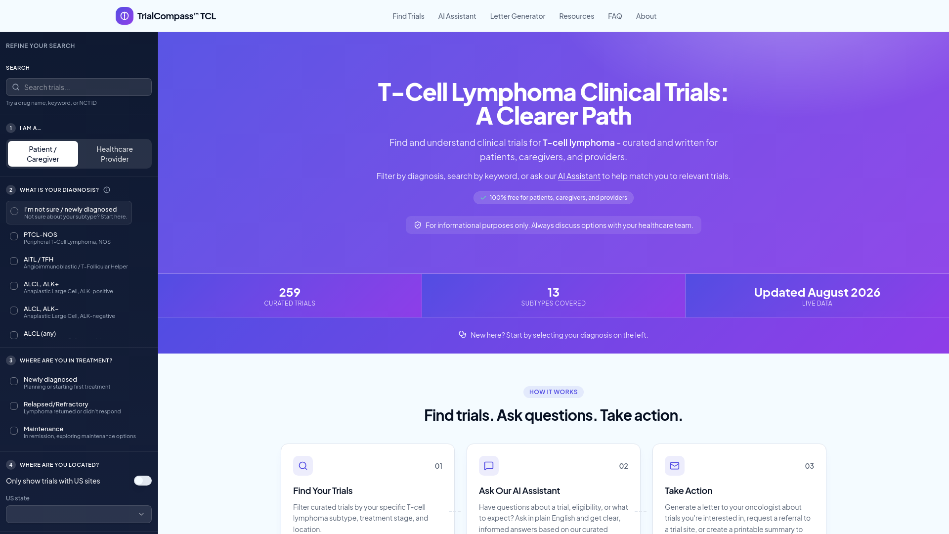 TrialCompass – Patient friendly clinical trial finder for blood cancer — 官网预览图