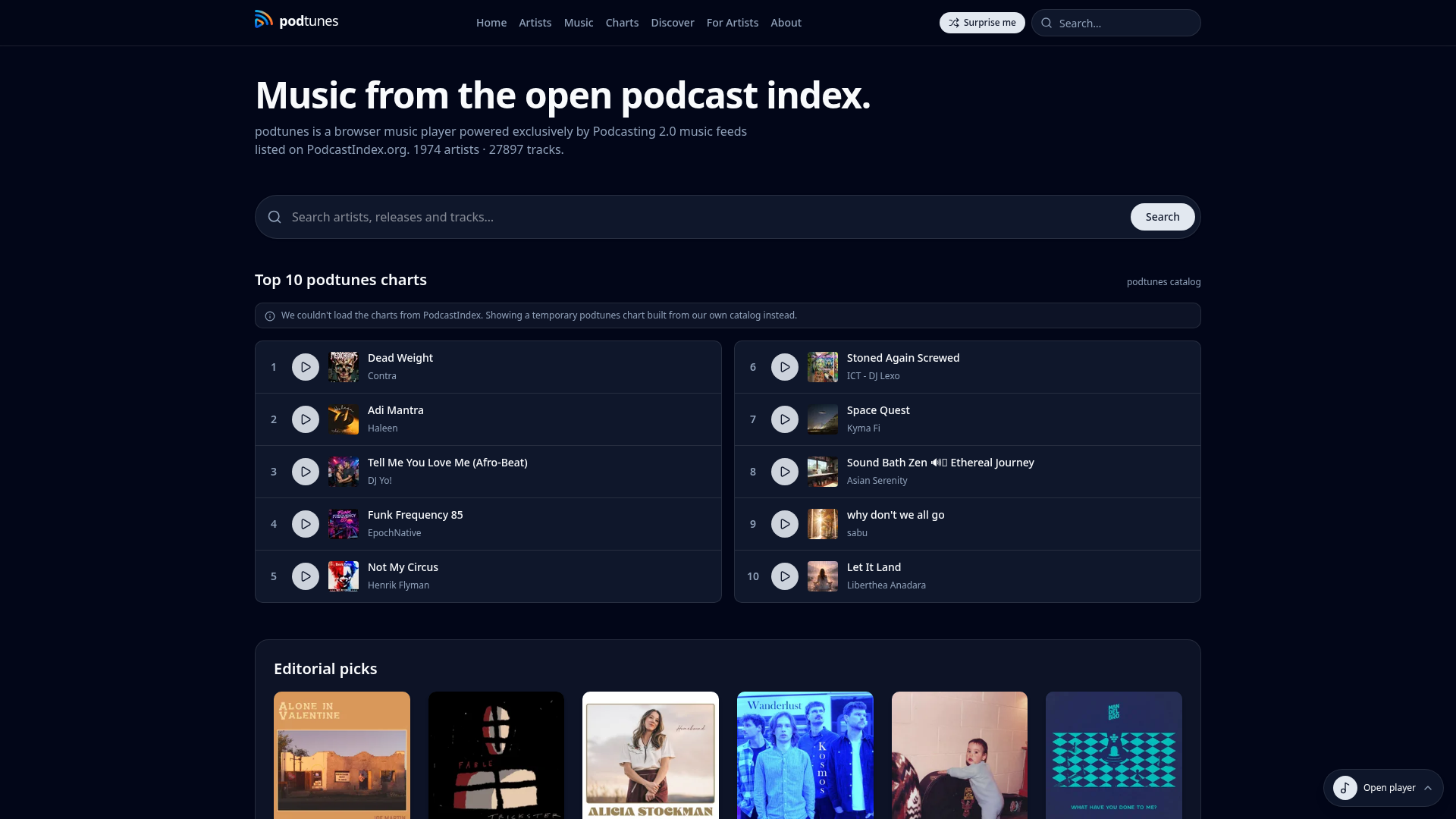 I created a browser based player for free music distributed as Podcast 2.0