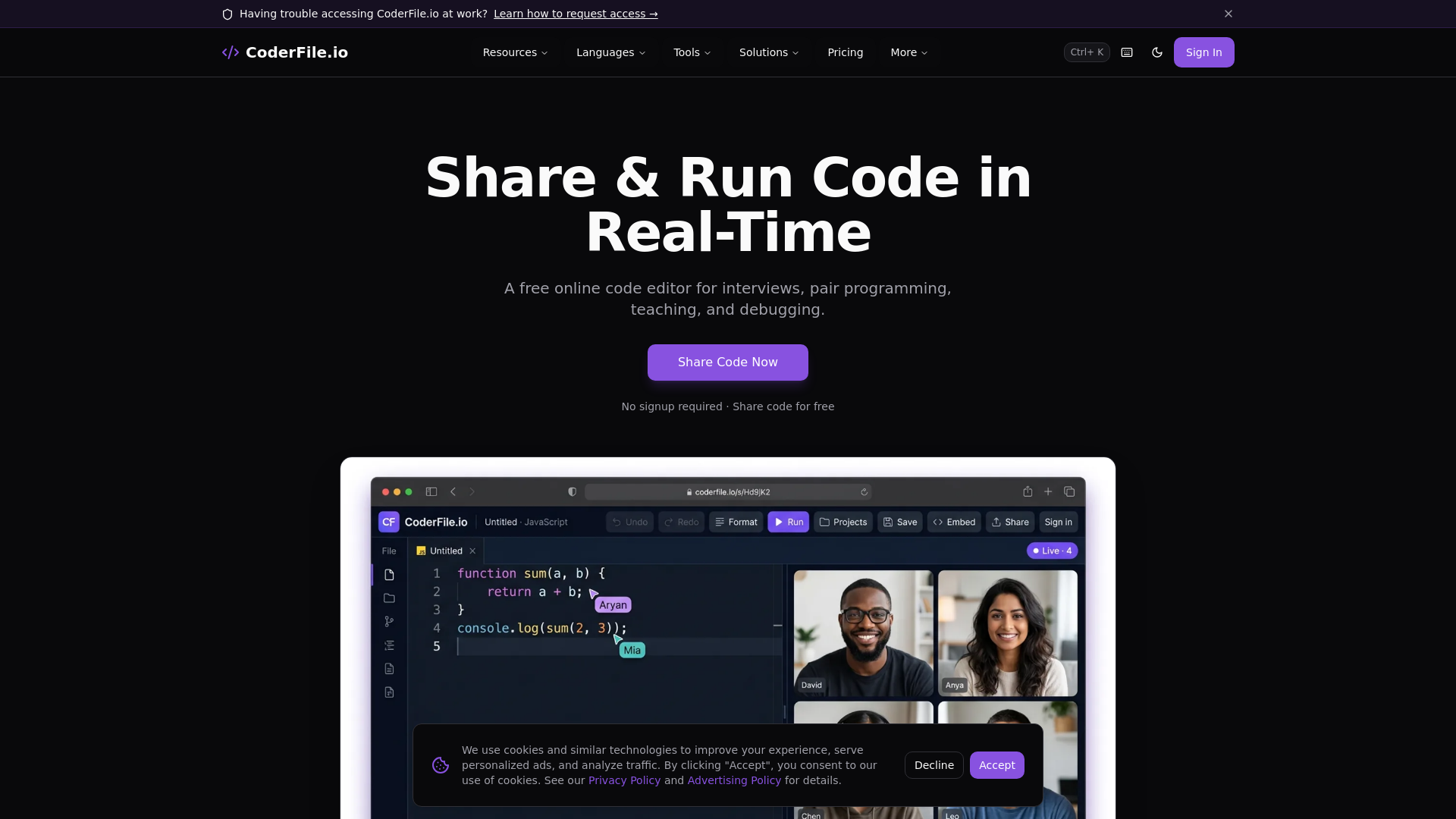 CoderFile — Online Code Editor, Compiler & Sharing