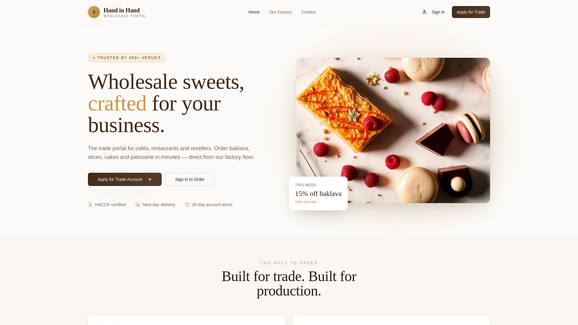 Sweet Factory Wholesale Portal — Premium Trade Sweets & Cakes
