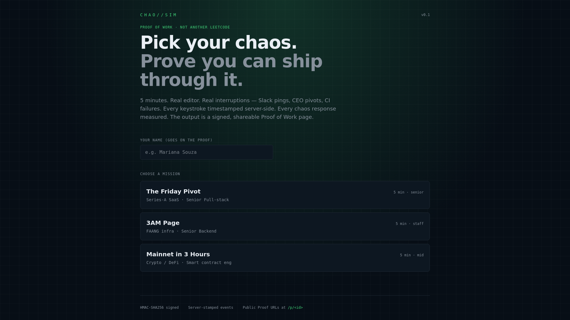 Simproof CHAO//SIM — Proof of Work for engineers