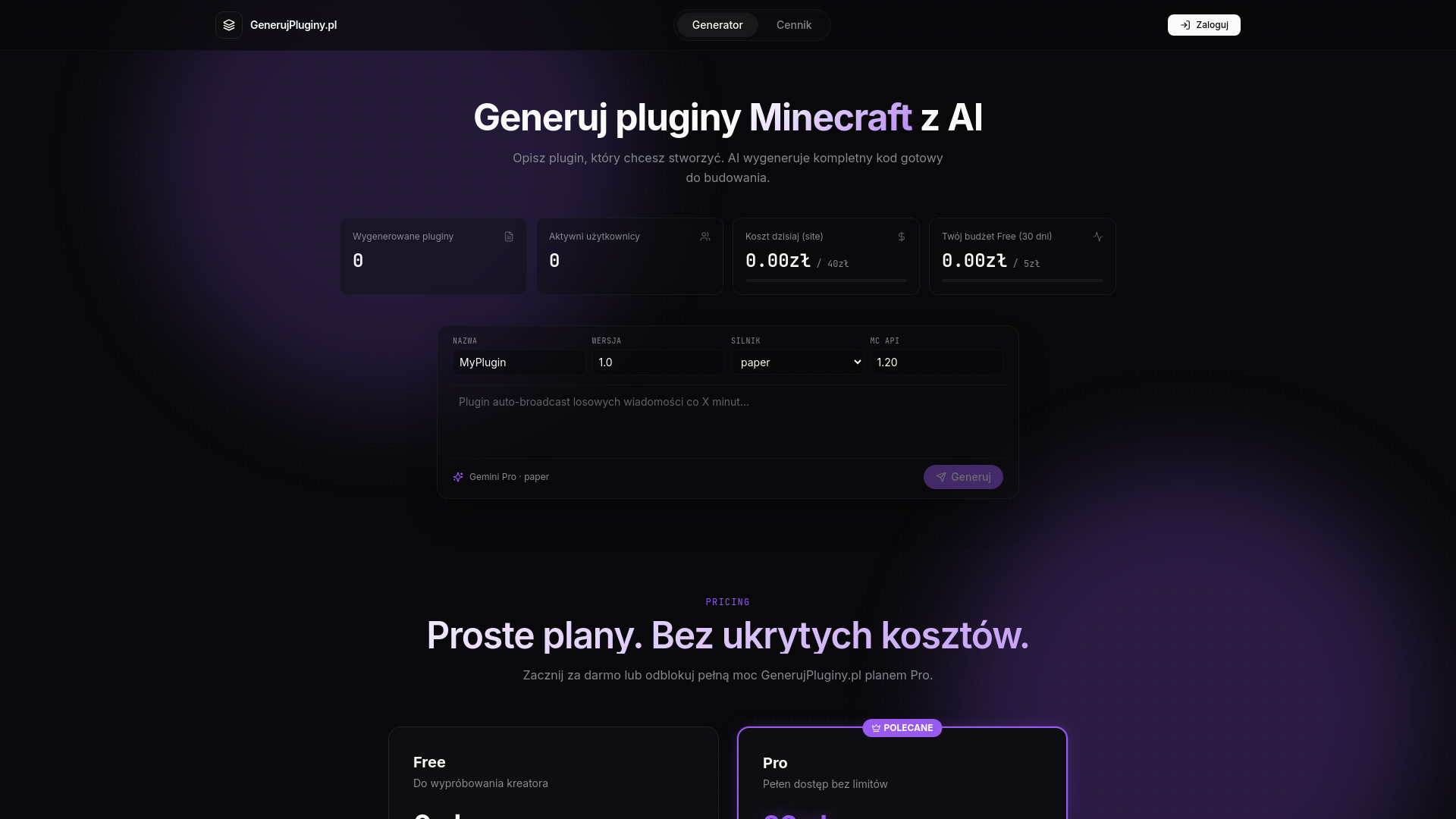 Generujpluginy – Kreator pluginów Minecraft AI