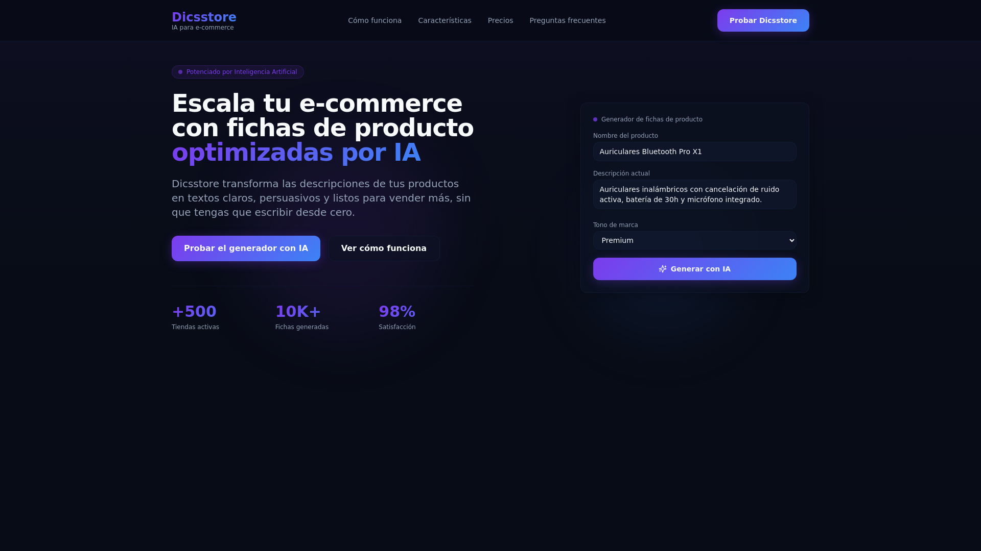 Dicsstore | Fichas de producto optimizadas por IA para e-commerce