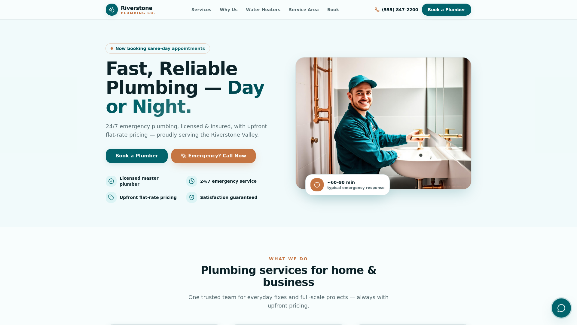 Riverstone Plumbing Co. — Plumbing website design with a custom 24/7 AI receptionist by ZenLeads.io