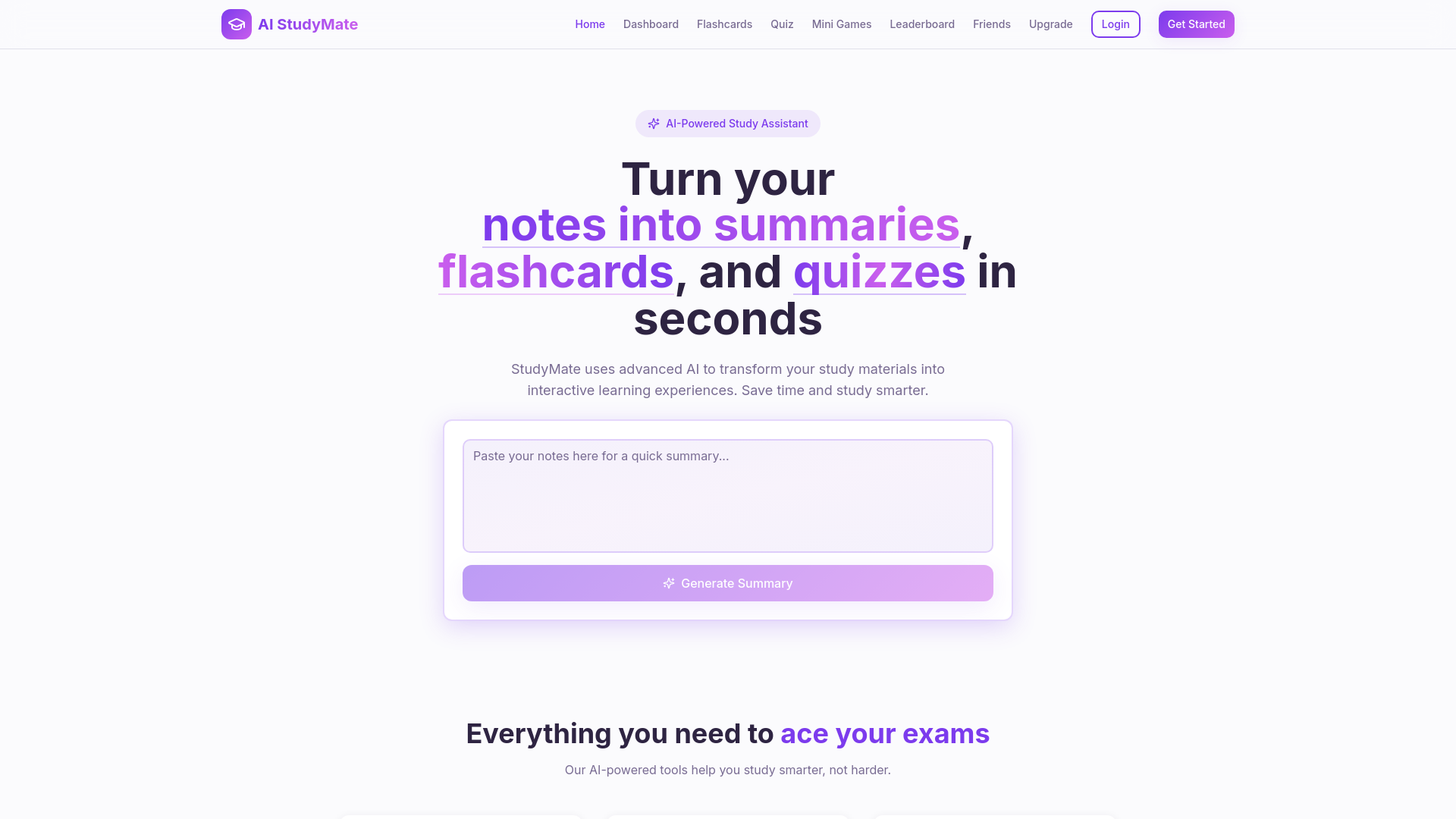 AI StudyMate - Turn Notes into Summaries, Flashcards & Quizzes