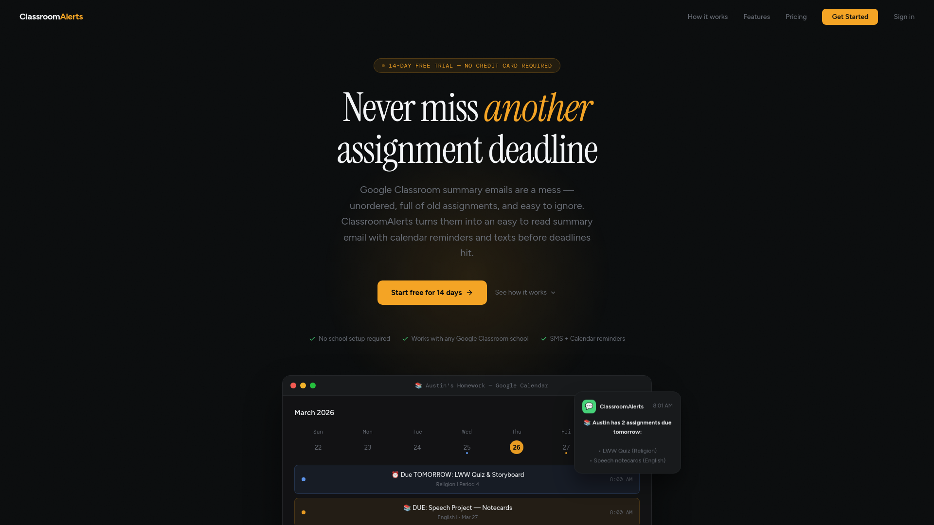Homework Reminder Prototype ClassroomAlerts — Homework Reminders for Google Classroom™