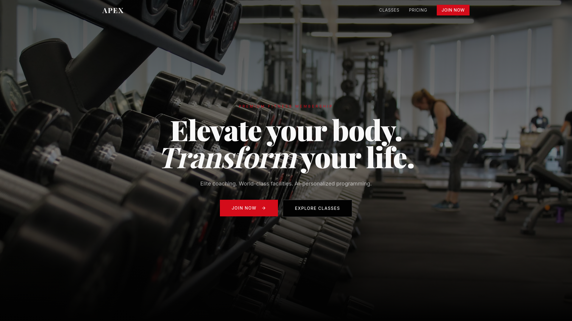 Apex Fitness membership website homepage