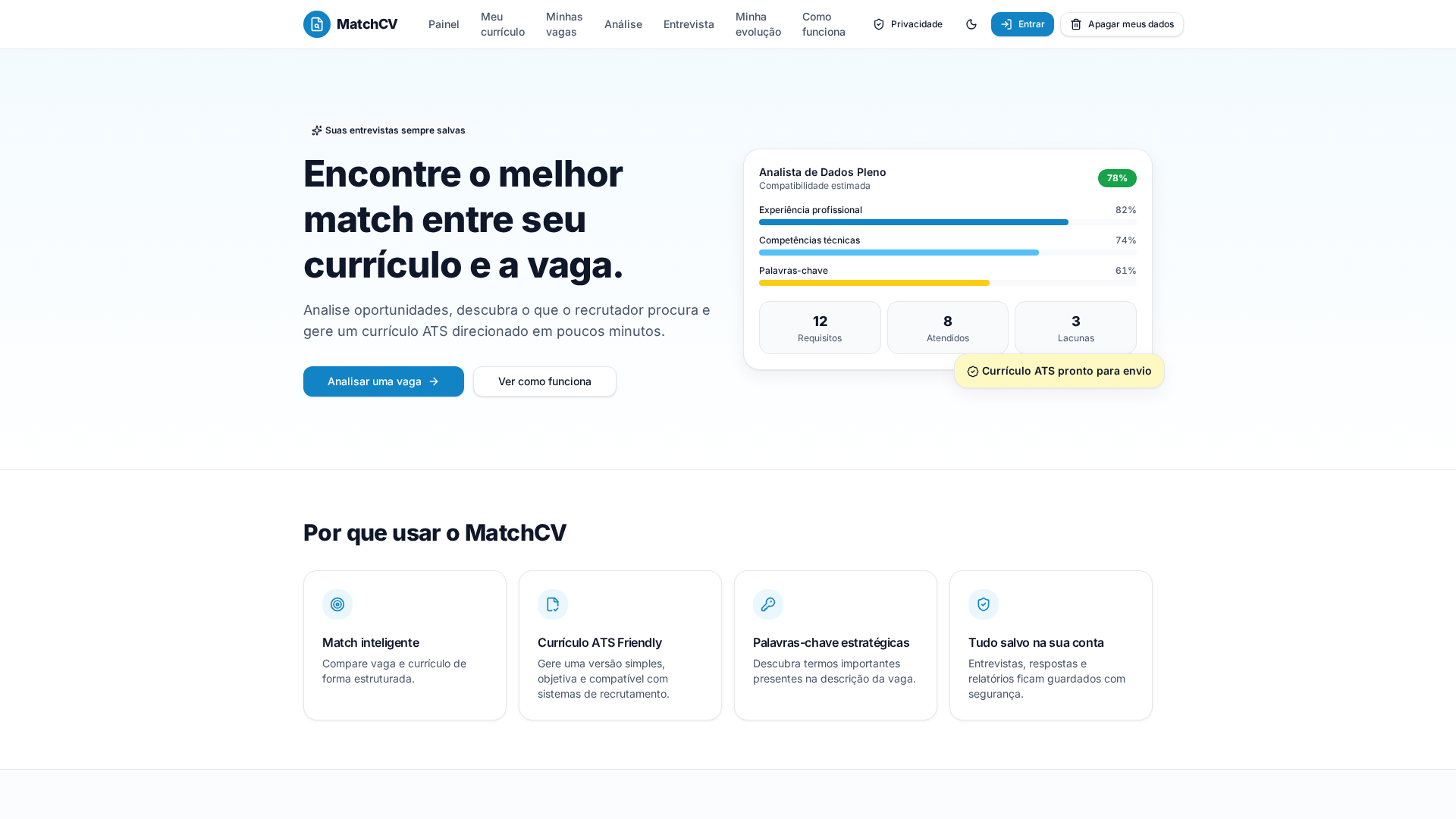 Interface do MatchCV para análise de compatibilidade entre currículo e vaga