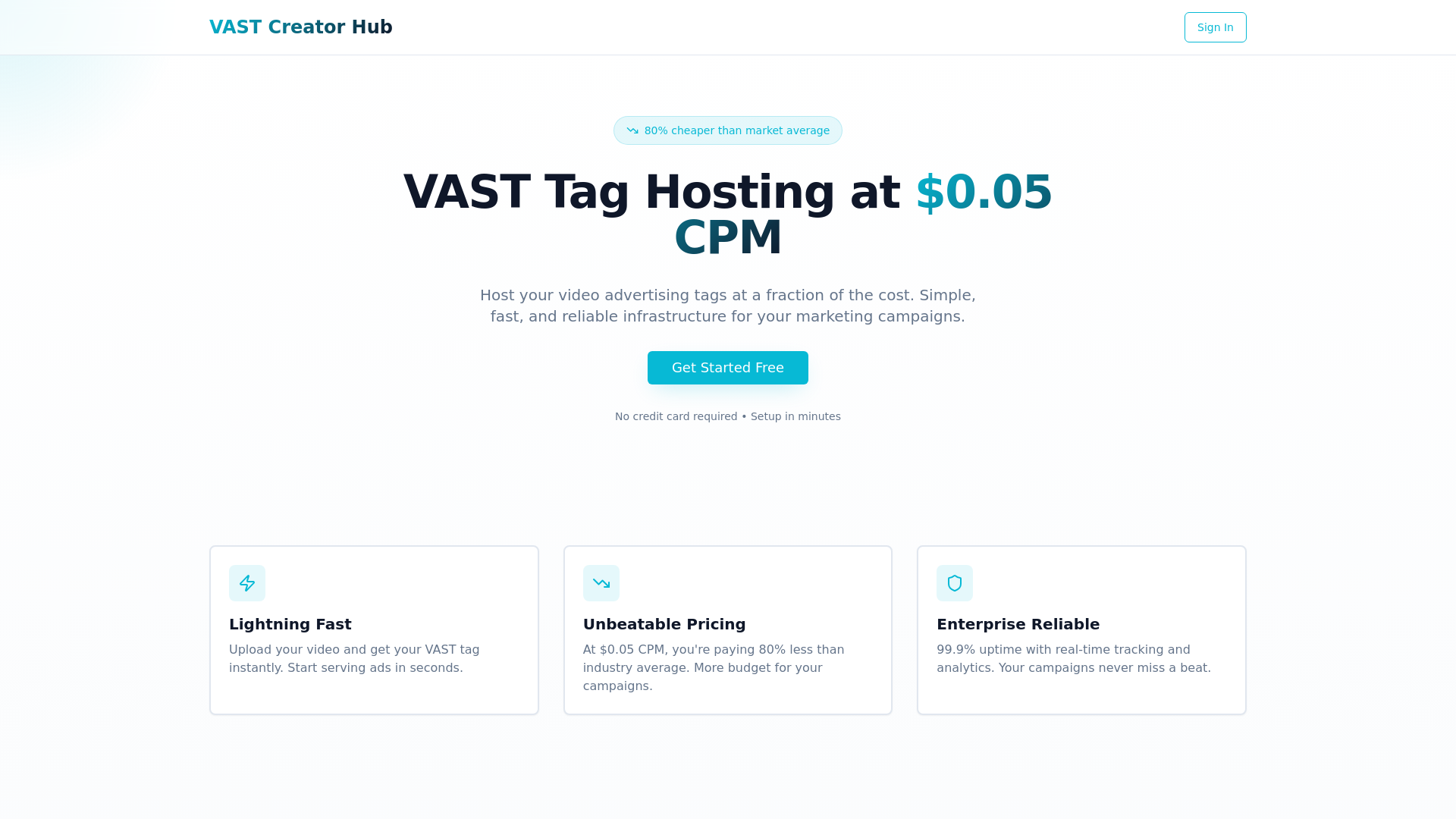 VAST Creator Hub - VAST Tag Hosting at $0.05 CPM