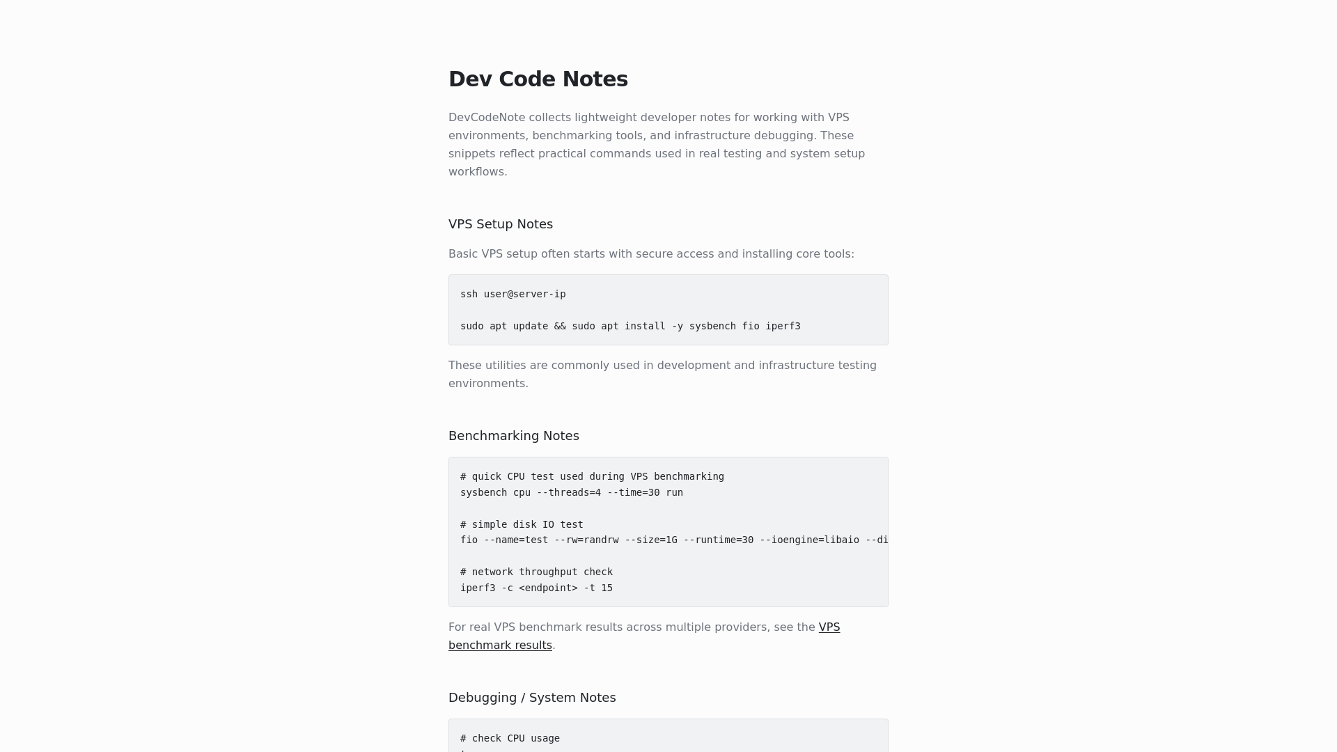 Dev Code Notes — VPS Setup, Benchmarking, and Infrastructure Snippets