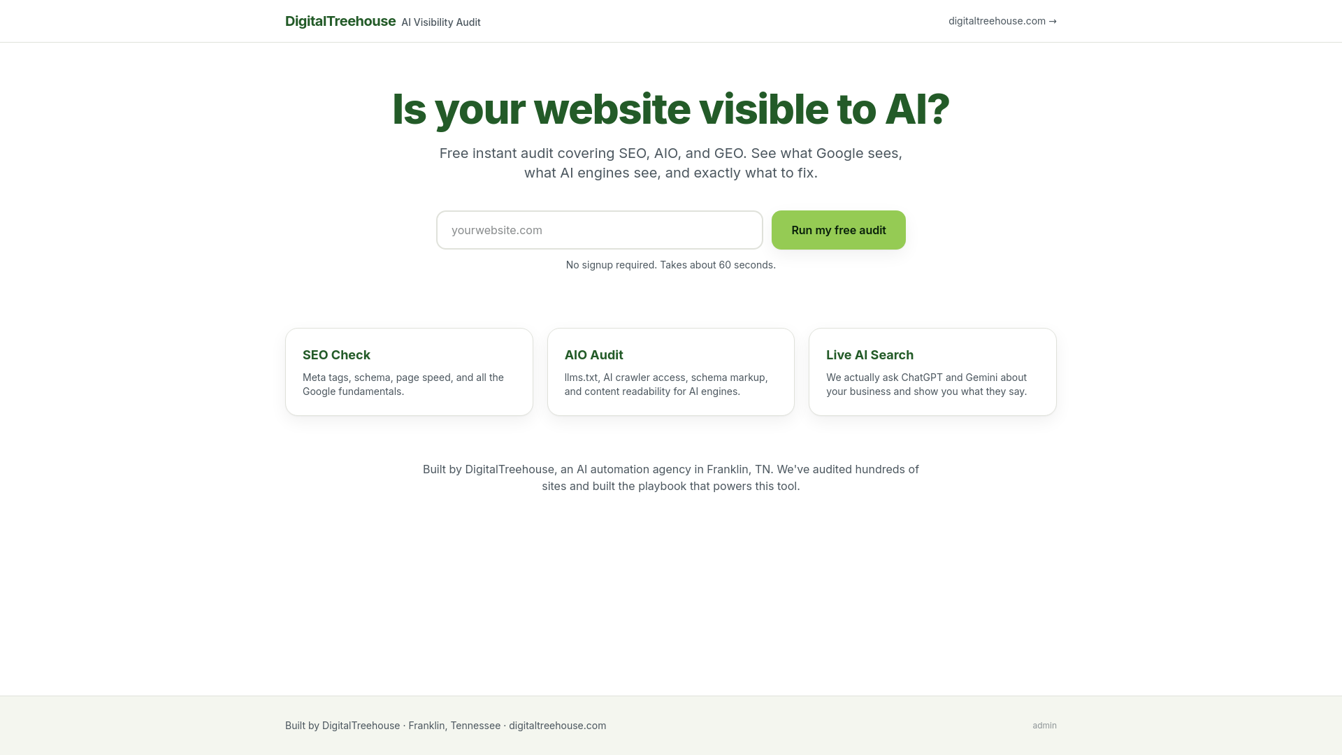 AI Visibility Scan website design screenshot showing homepage layout and branding by DigitalTreehouse