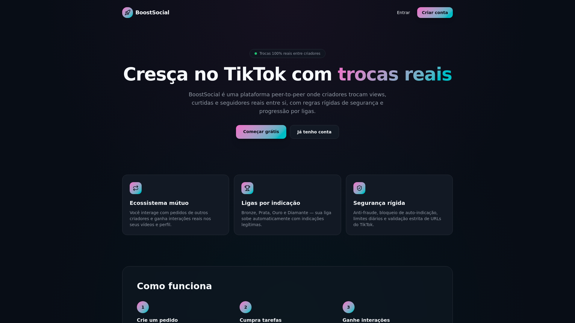 BoostSocial — Cresça no TikTok com trocas reais