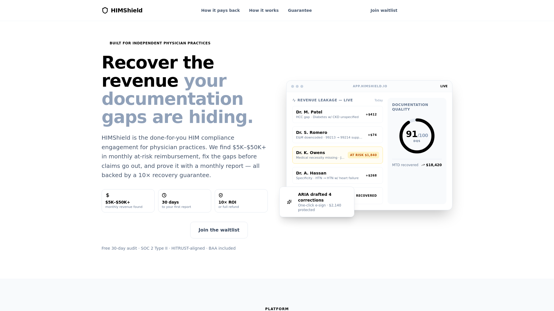 HIMShield: EHR Connection, 30-Day Revenue Recovery Guarantee