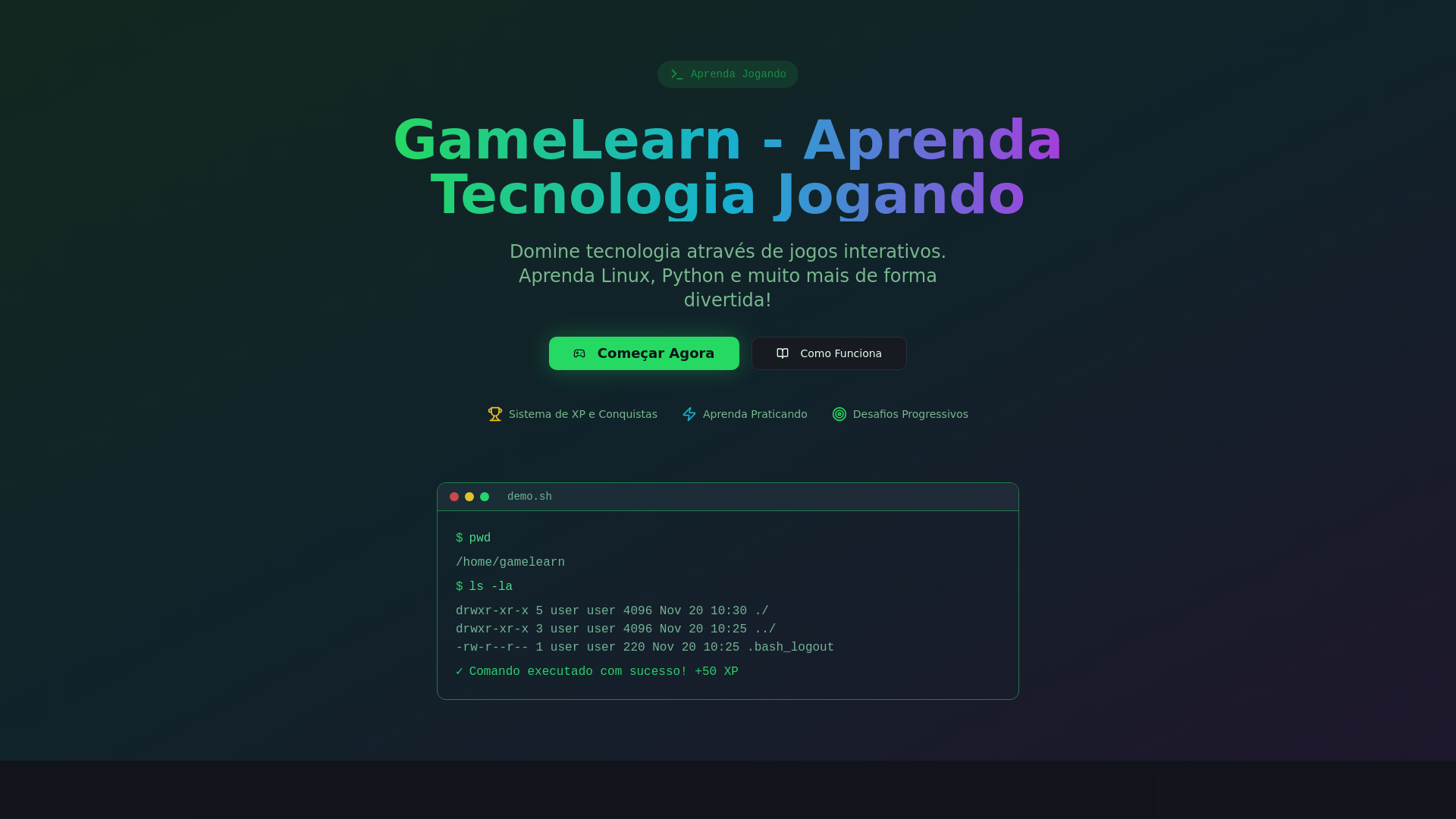 GameLearn - Aprenda Tecnologia Jogando | Plataforma Gamificada