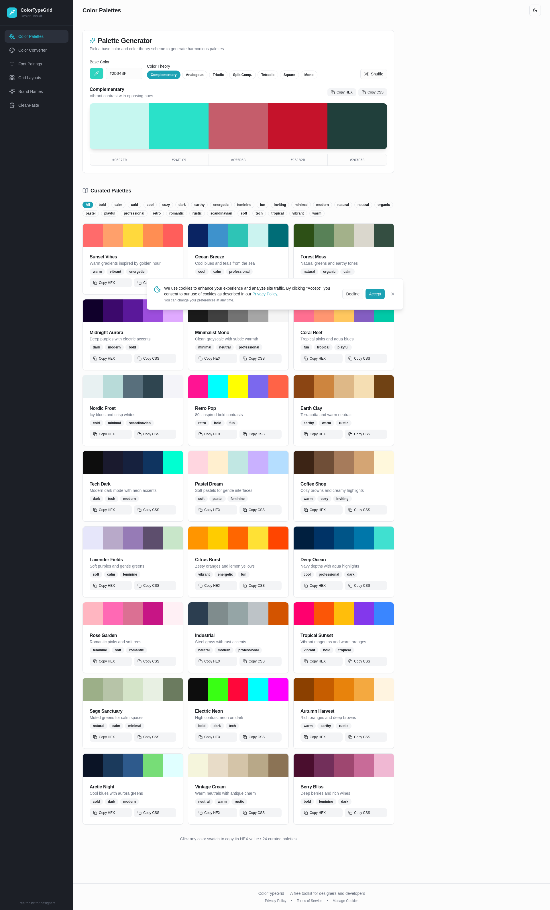 ColorTypeGrid — Color Converter, Font Pairings & Grid Layouts