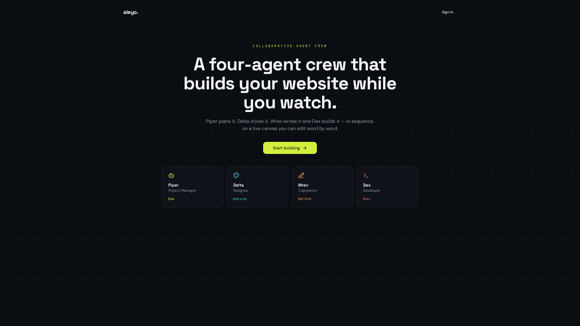 Aleyo Builder AI — Watch an AI crew build your site