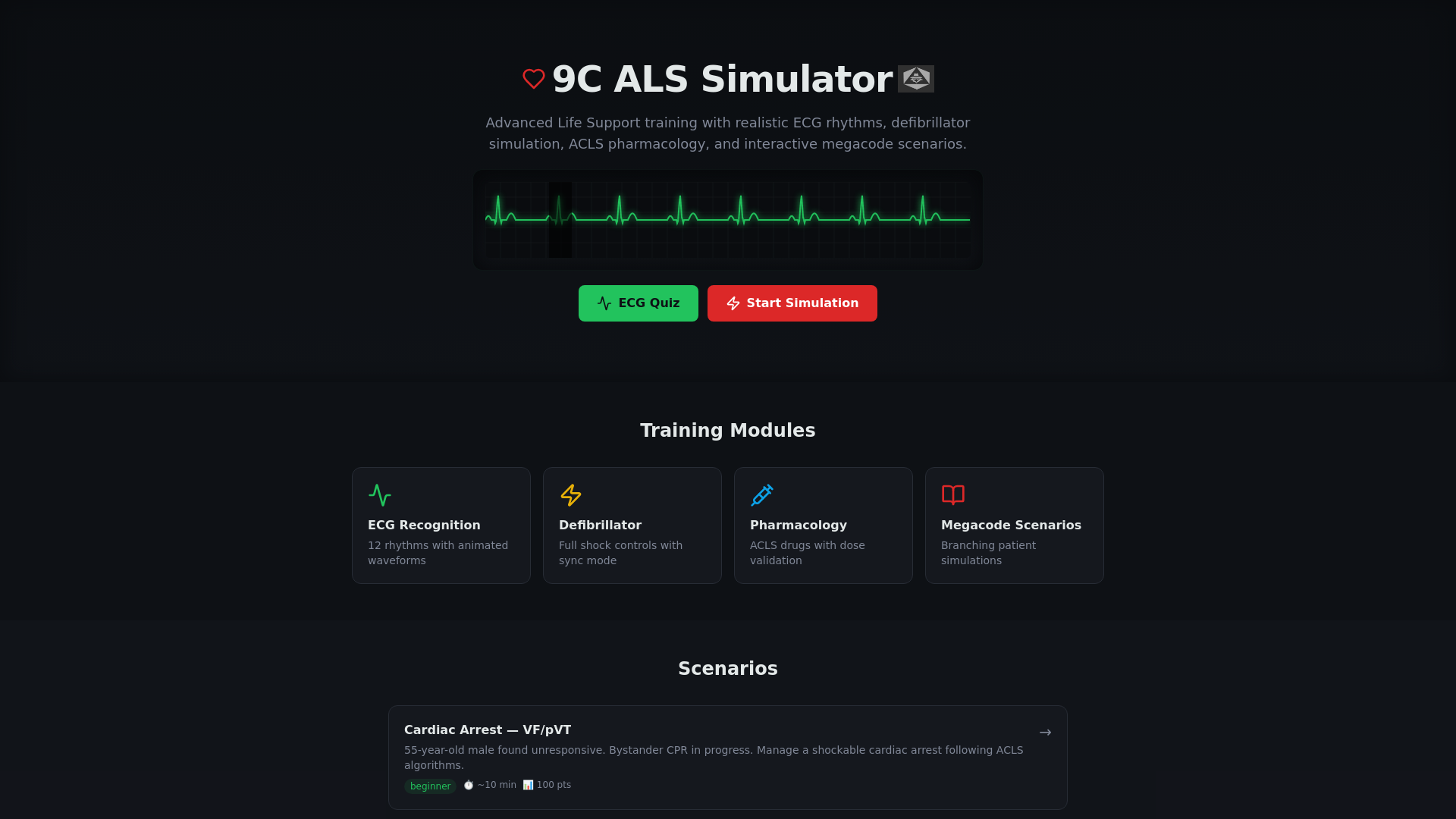 Megacode Simulation 9C ALS Simulator — ACLS Training, ECG Quiz & Megacode Scenarios
