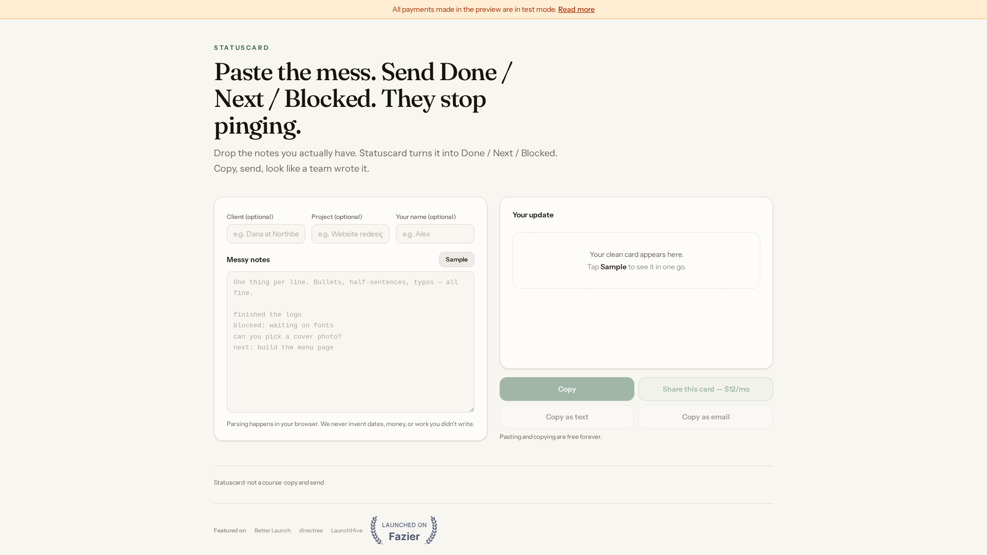 Statuscard — Paste the mess. Send the update.
