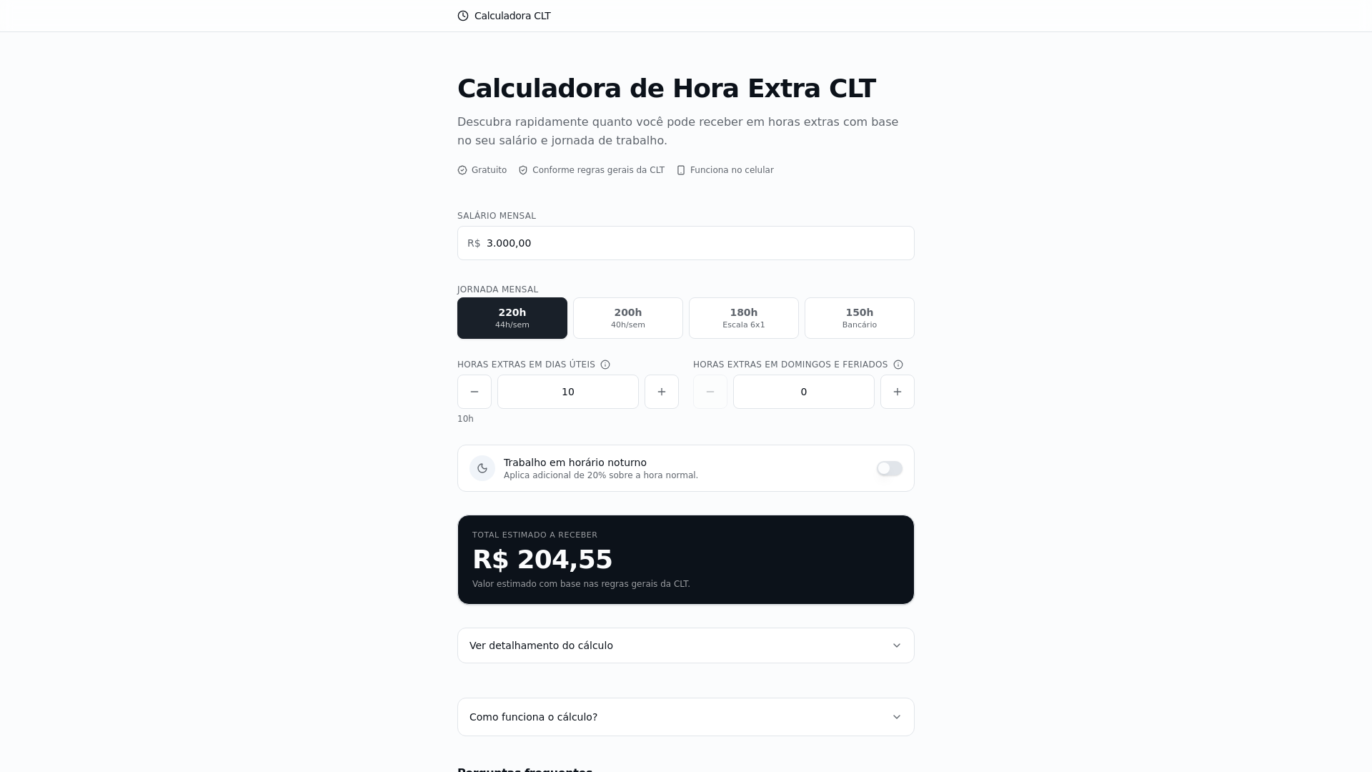 Calculadora de Hora Extra CLT — Cálculo 50%, 100% e Adicional Noturno