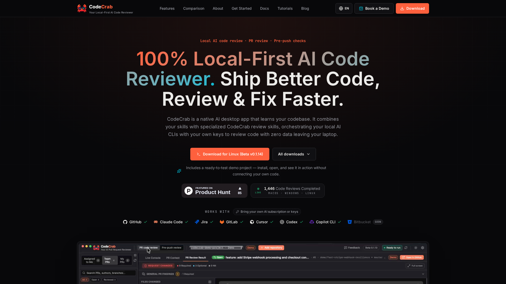 codecrab.ai — The cheapest bug is the one that never reaches a PR. CodeCrab reviews your local changes…