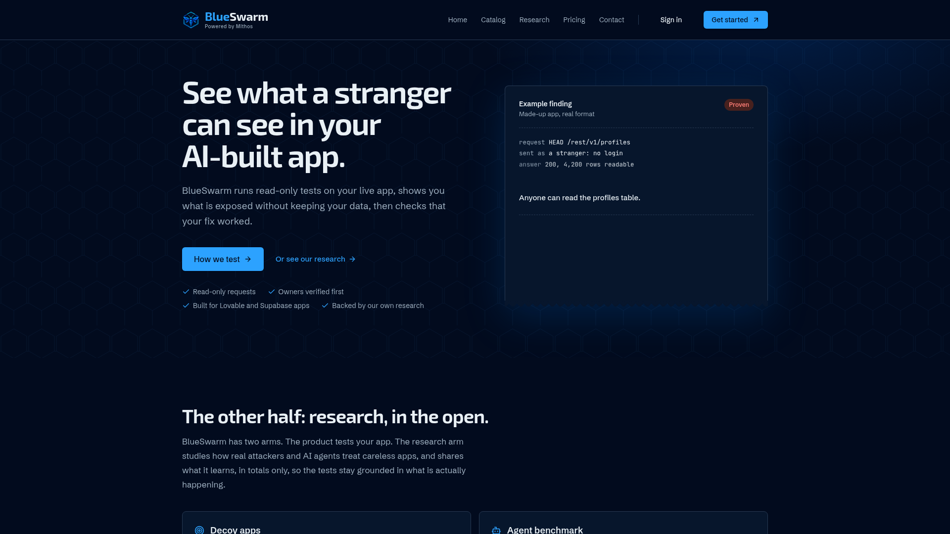 Example Invention Phone Read-only security testing for AI-built apps · BlueSwarm