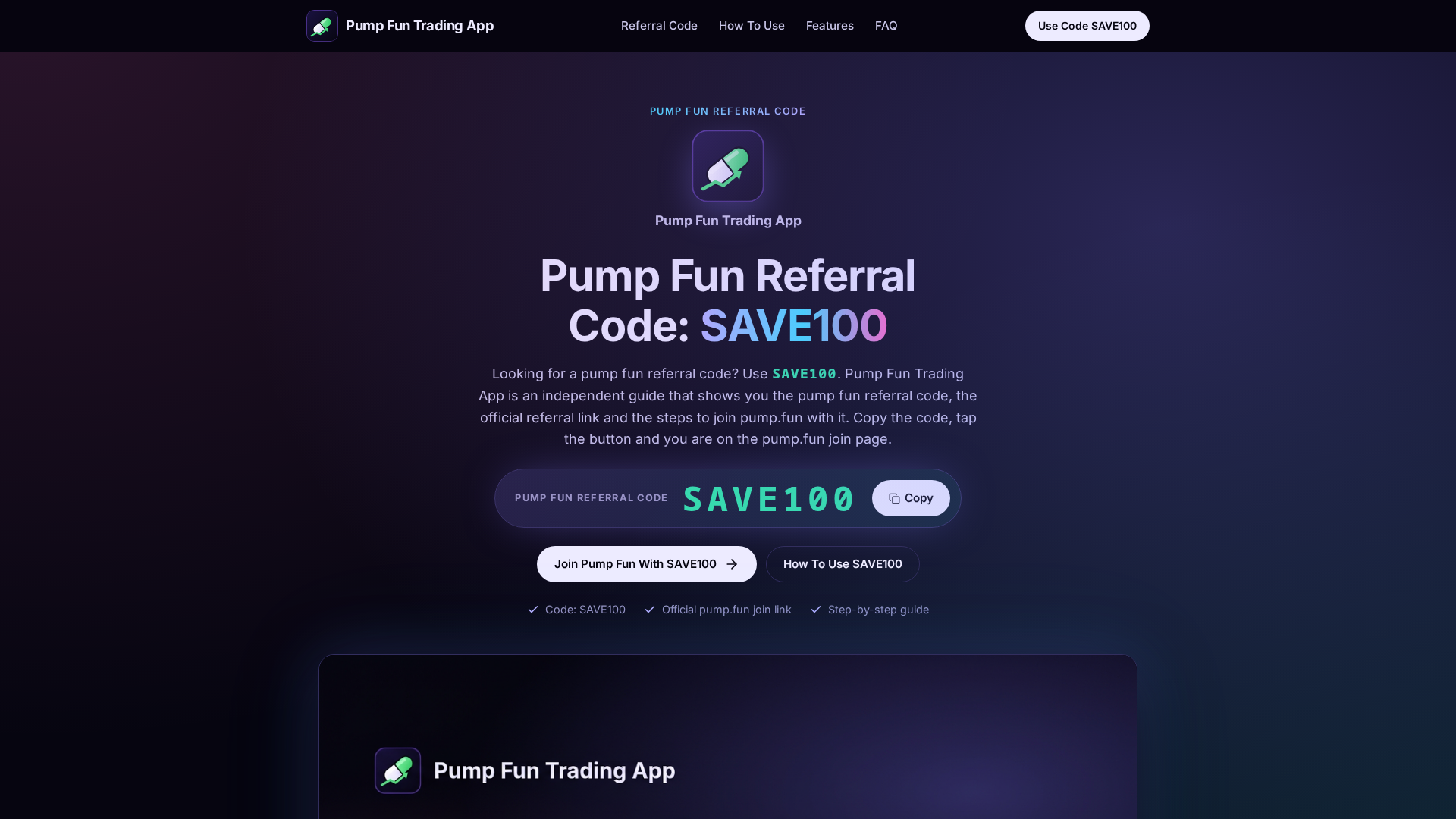 Pump Fun Referral Code SAVE100 | Trading App Guide preview