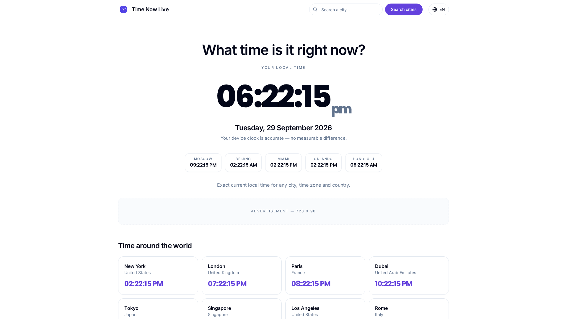Time Now — Exact Current Local Time in Any City