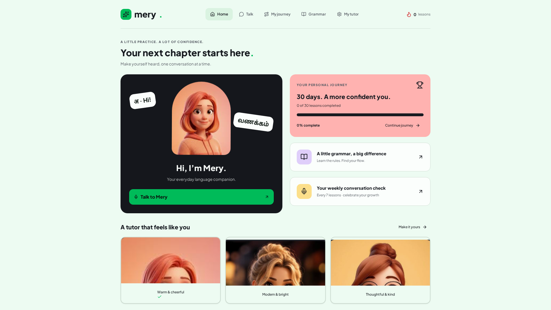 Your personal language tutor · Mery