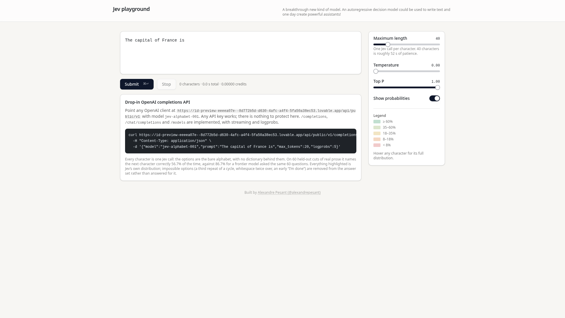 Jev playground — Next-character logprobs from a System One decision model, in a loop, behind an…
