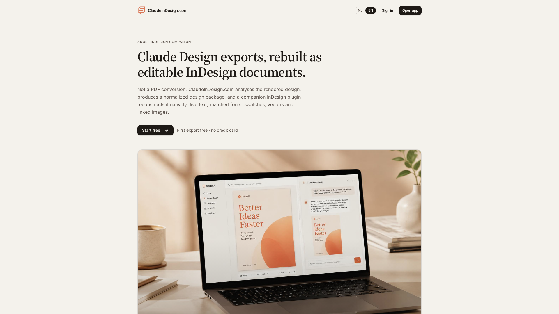 ClaudeInDesign.com · Claude Design exports as editable InDesign files