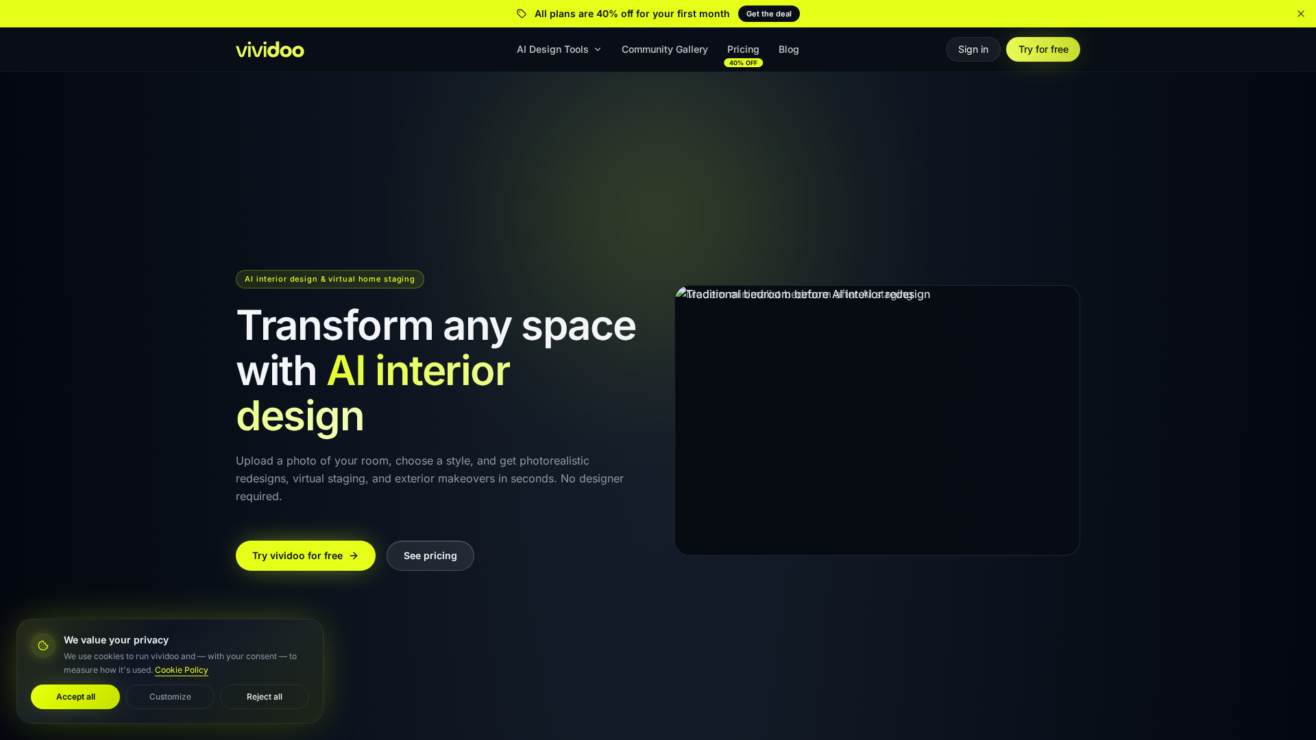 Screenshot of vividoo, Upload a room photo, pick a style, get a photoreal render in seconds