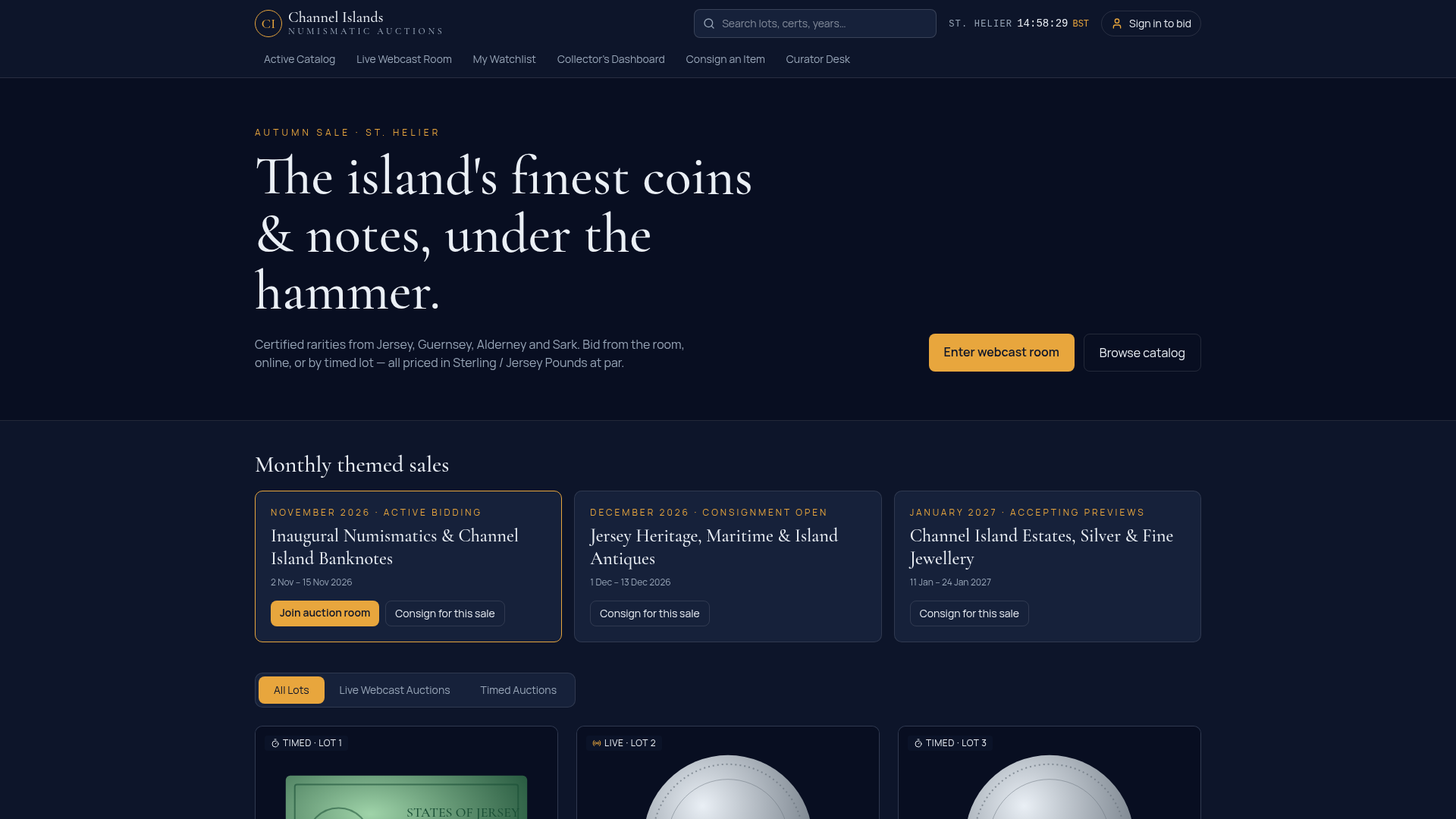 Live visual preview of Channel Islands Numismatic Auctions