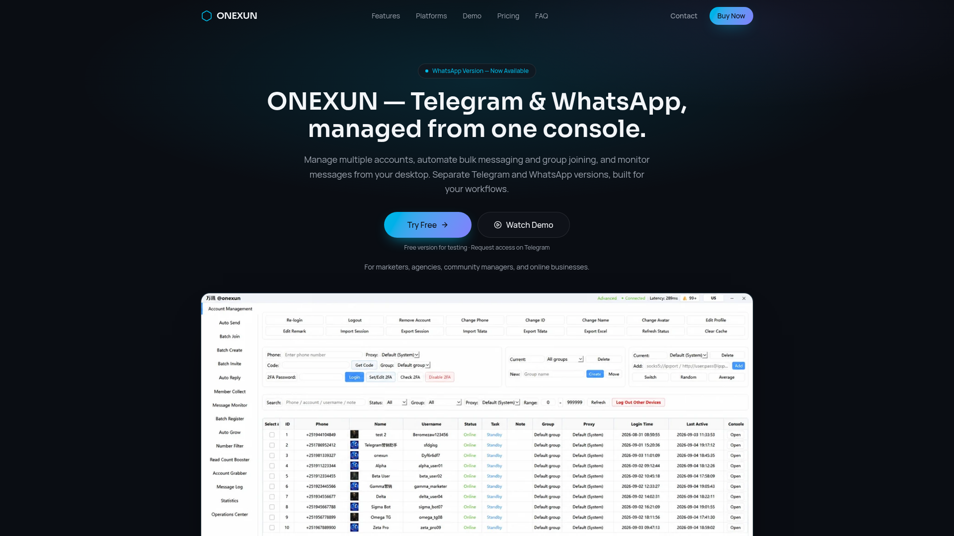 Software Center Request ONEXUN — Telegram & WhatsApp Bulk Messaging and Account Management Software
