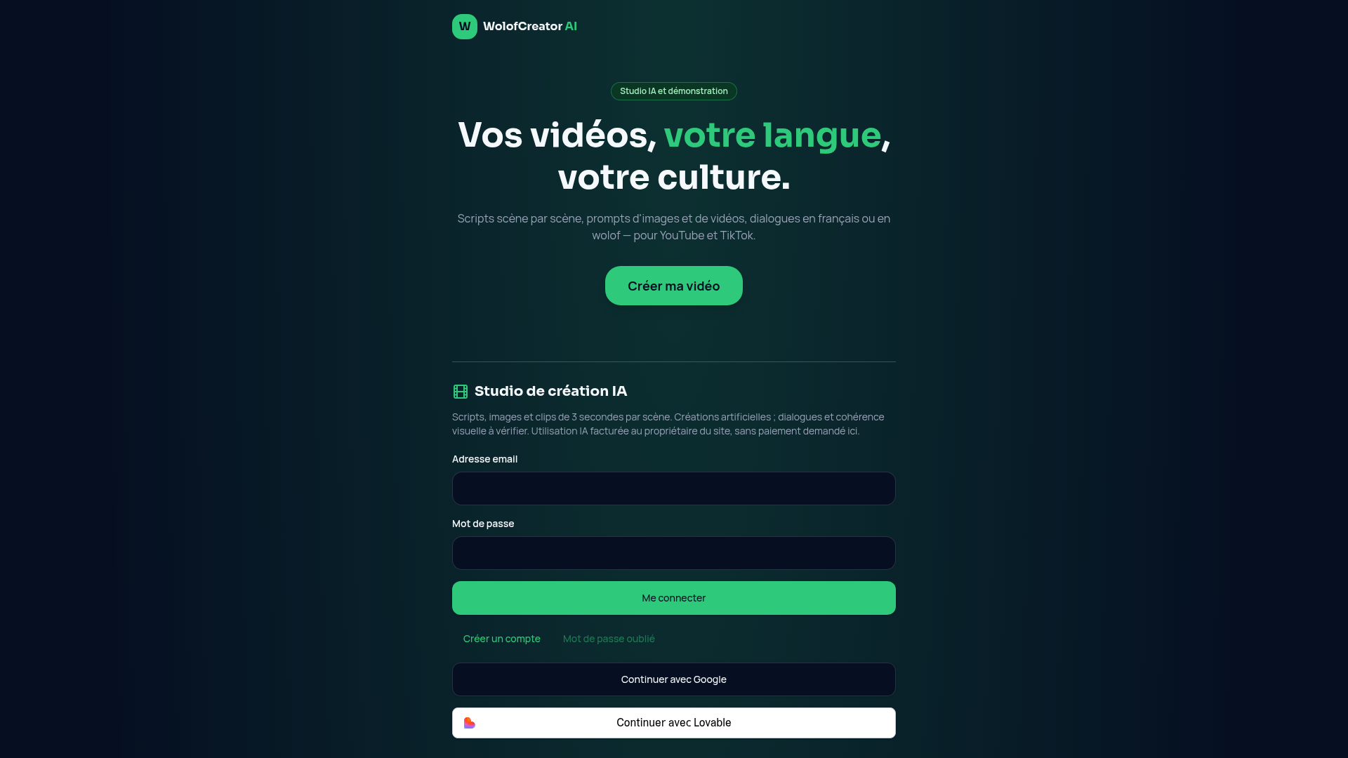 Sttoryttelling Script WolofCreator AI — Scripts vidéo pour créateurs africains