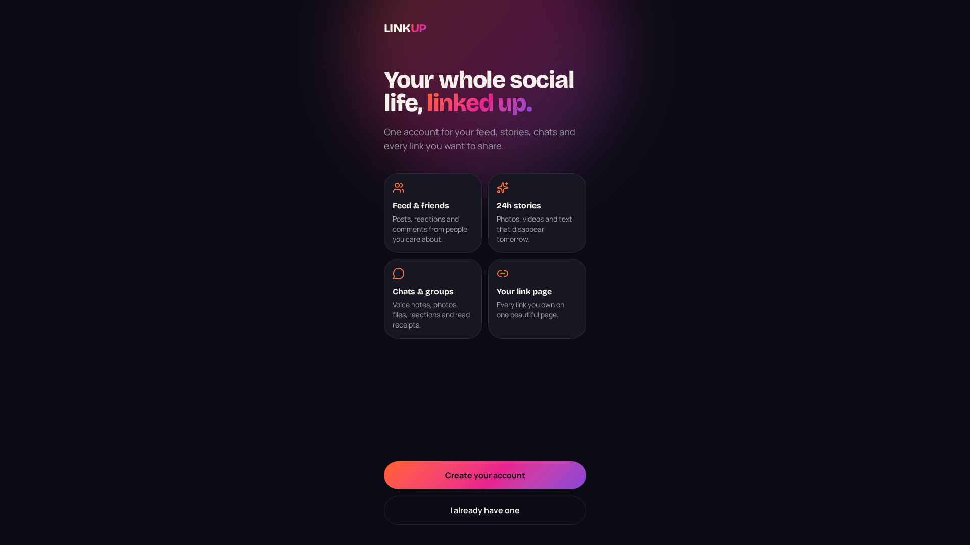 LINKUP — One profile for friends, stories, chats & links